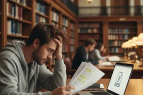 A stressed student at a library desk checking whether Turnitin will flag their ChatGPT writing on a laptop.