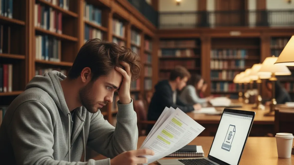 A stressed student at a library desk checking whether Turnitin will flag their ChatGPT writing on a laptop.