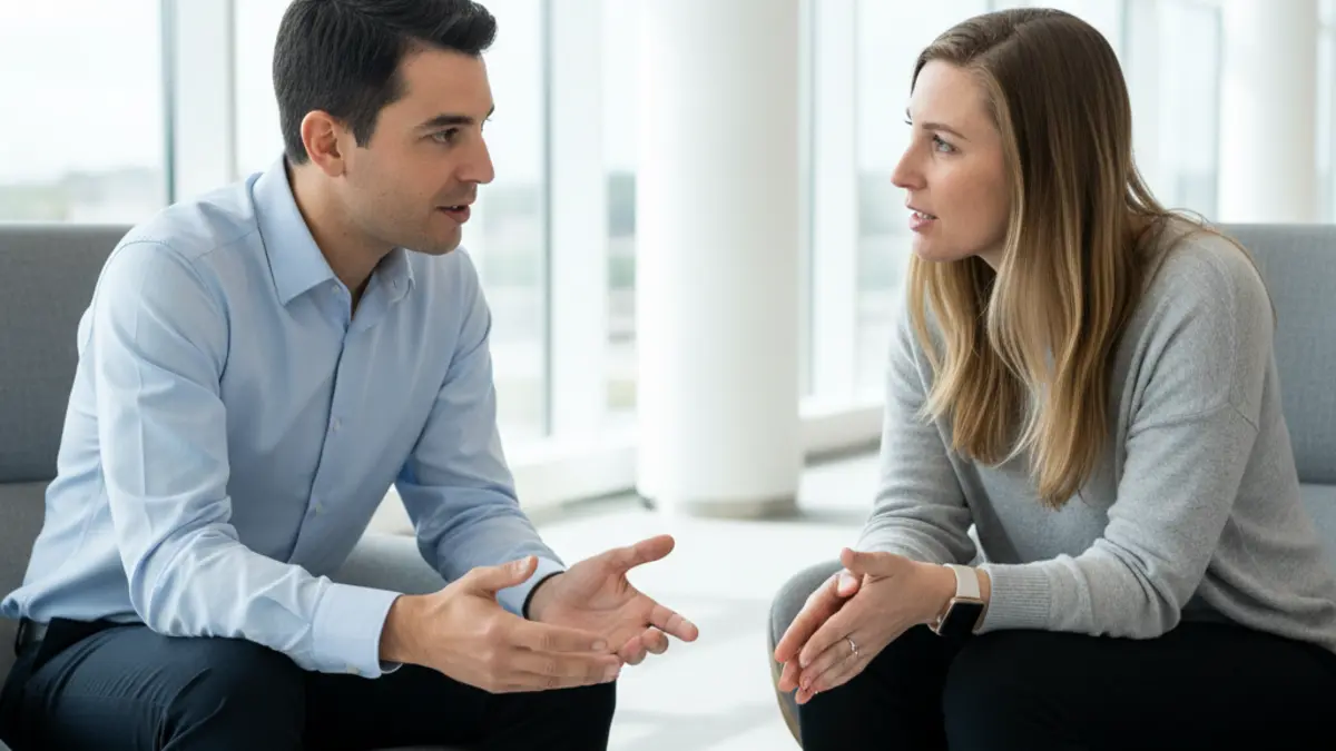 Two adults discuss best free AI detector tools in a bright campus lounge.