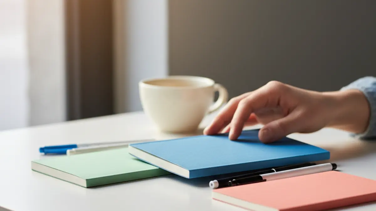 Hand sorting plain notebooks and pens while choosing best free AI detector tools.