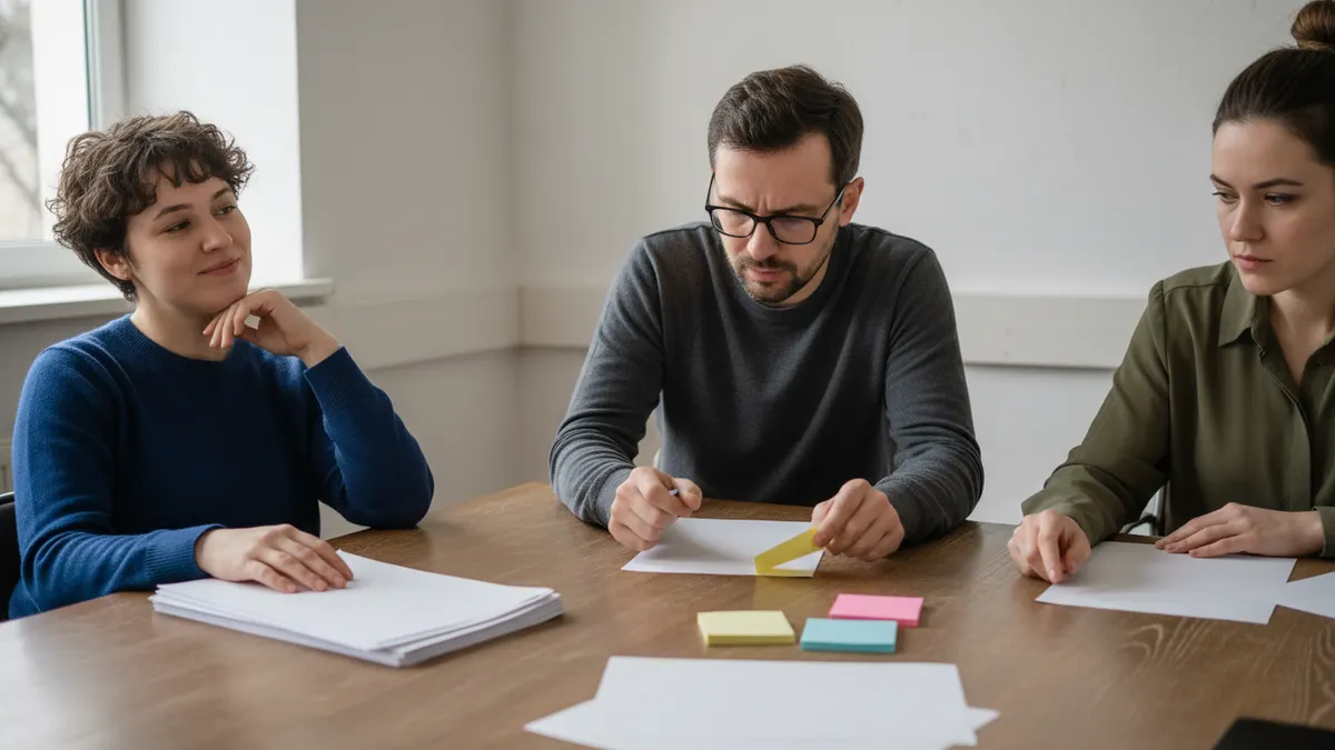 Editorial team comparing blank review notes before choosing the best free ChatGPT checker for their workflow.