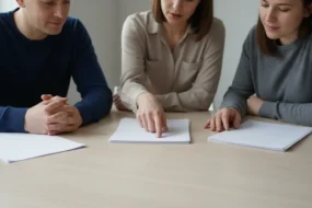 Teacher, writer, and editor reviewing blank papers together while choosing a free ChatGPT checker workflow.