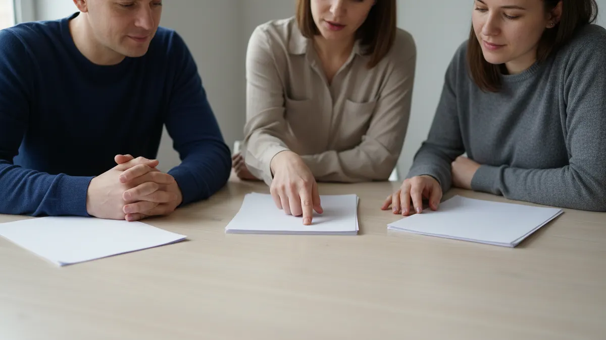 Teacher, writer, and editor reviewing blank papers together while choosing a free ChatGPT checker workflow.