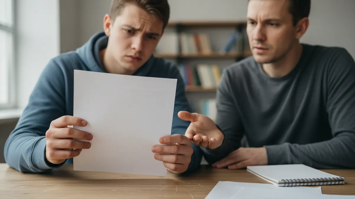 Student and mentor reviewing a blank paper during a free ChatGPT checker false-flag discussion.