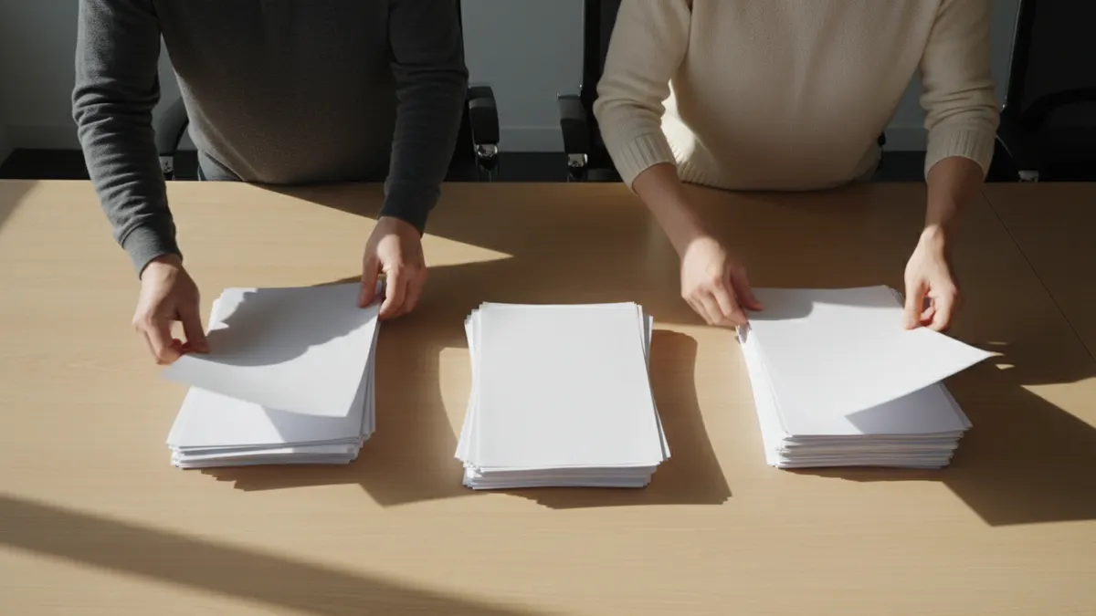 Analysts sorting blank paper samples to compare free ChatGPT checker results across different text lengths.