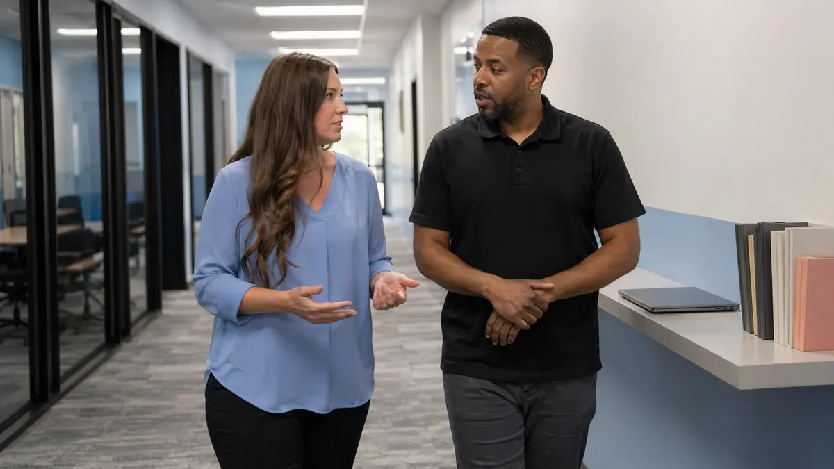 Two reviewers discuss google docs ai detector version history in a bright office hallway.