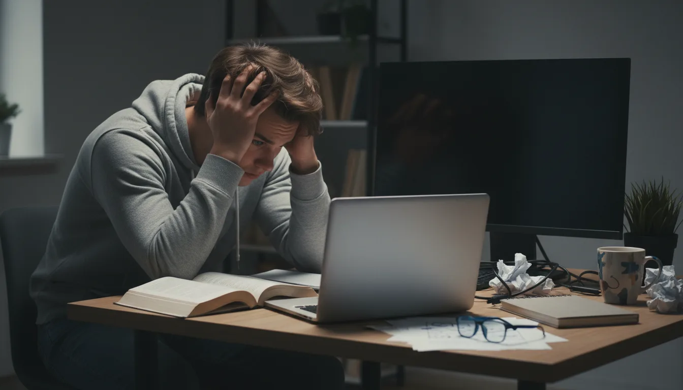 Worried student at a desk with dark devices and study materials while struggling to choose between AI detectors.