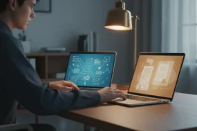 Student comparing two AI-detection tools on side-by-side laptops in a modern study room.