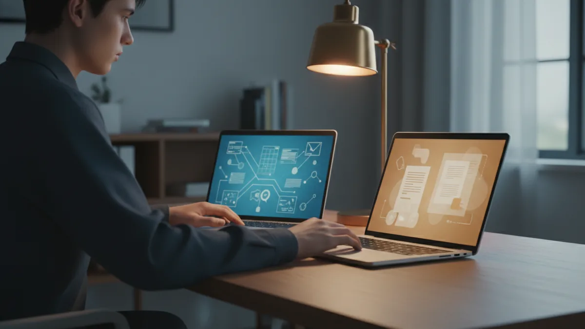 Student comparing two AI-detection tools on side-by-side laptops in a modern study room.