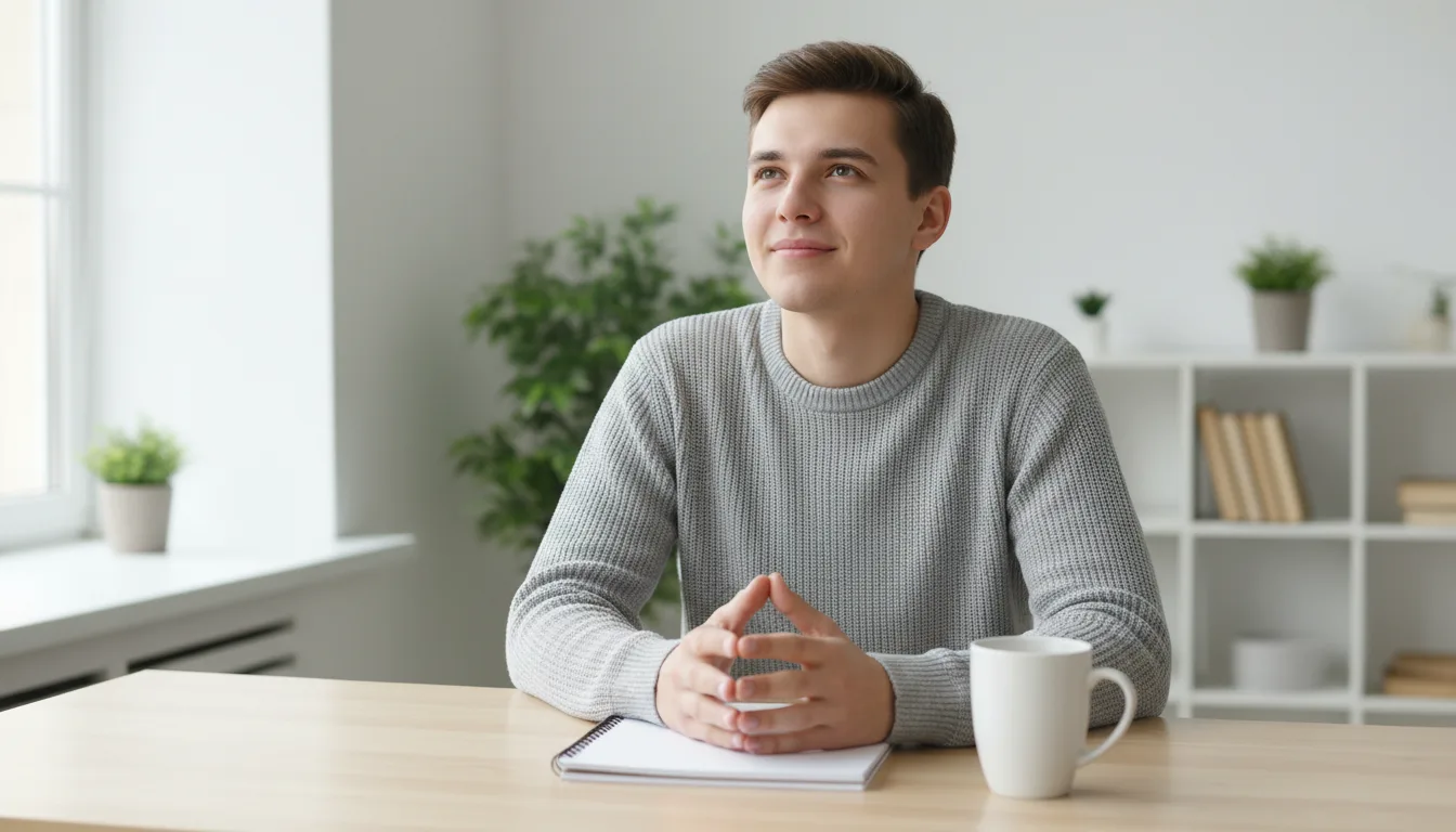 Calm student sitting with blank notes and coffee after reaching a final detector decision.