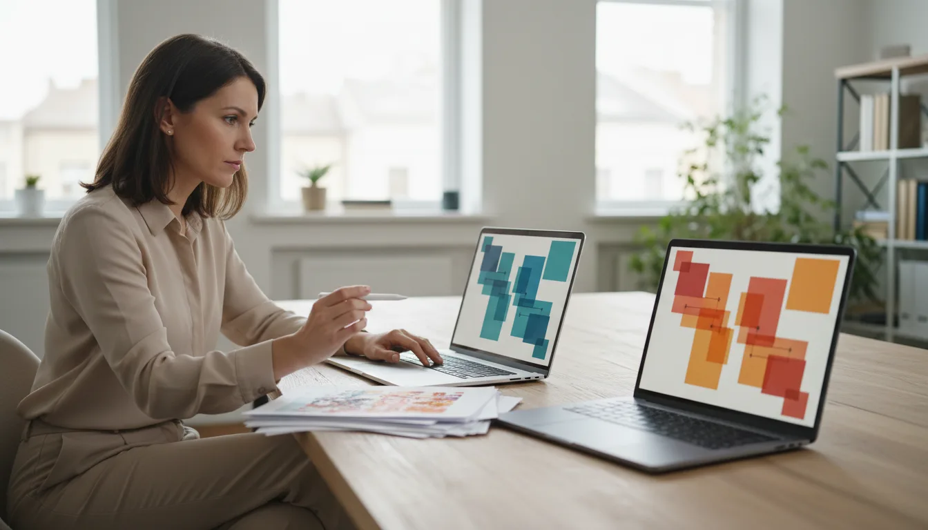 Researcher comparing two detector-review workflows on separate laptops in a bright office.