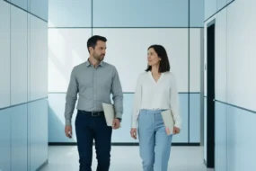 Two reviewers compare reports in a corridor during a GPTZero vs ZeroGPT evaluation workflow.