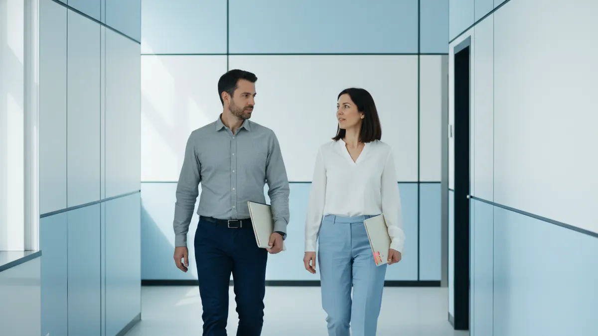 Two reviewers compare reports in a corridor during a GPTZero vs ZeroGPT evaluation workflow.