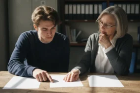 Student and mentor review blank printed pages at a desk, representing careful evaluation of Grammarly AI Detector reliability.