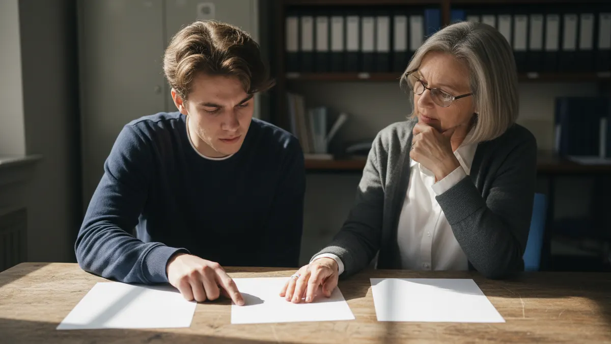 Student and mentor review blank printed pages at a desk, representing careful evaluation of Grammarly AI Detector reliability.