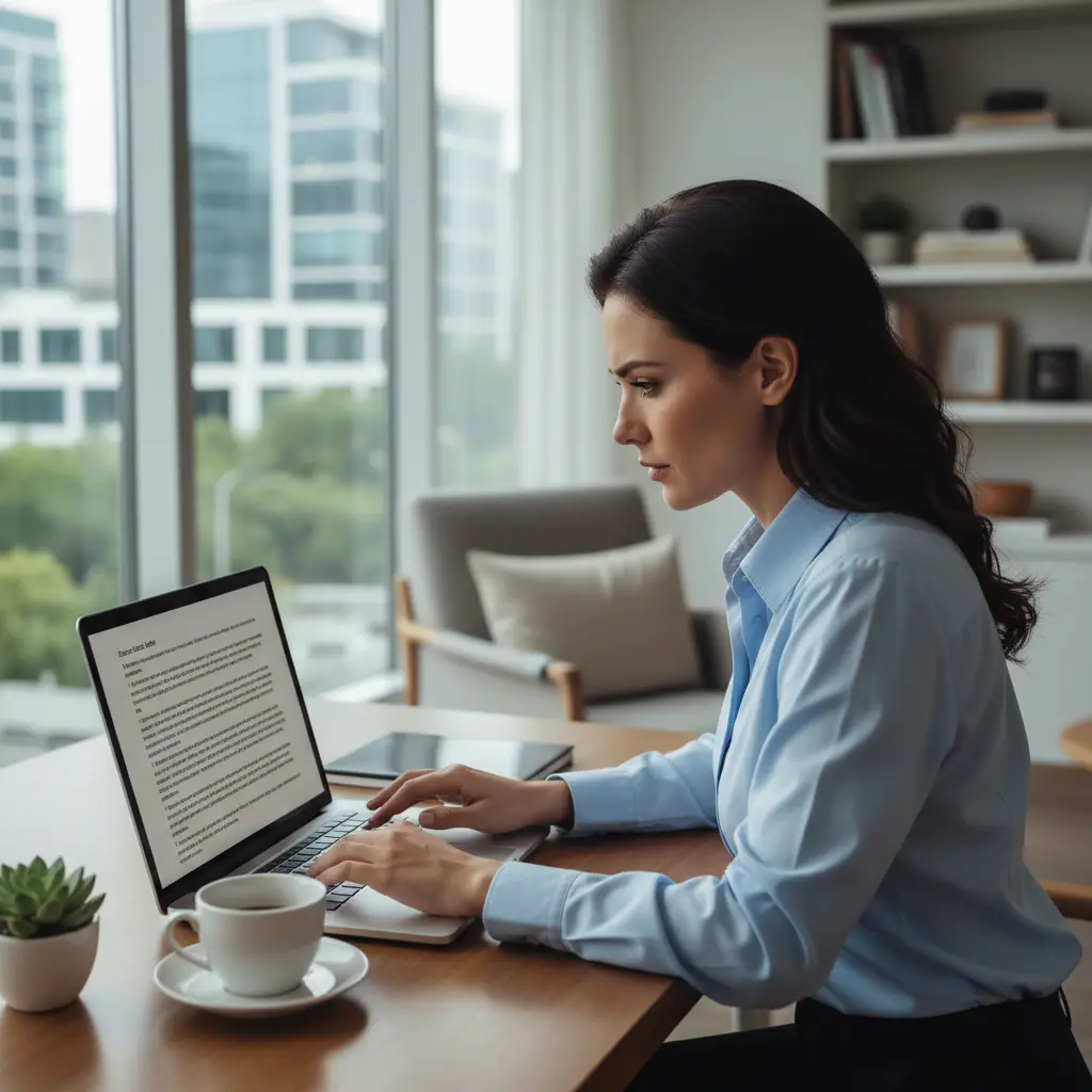 Professional woman at a laptop in a modern office, carefully reviewing a document on screen — representing the challenge of evaluating AI-generated writing