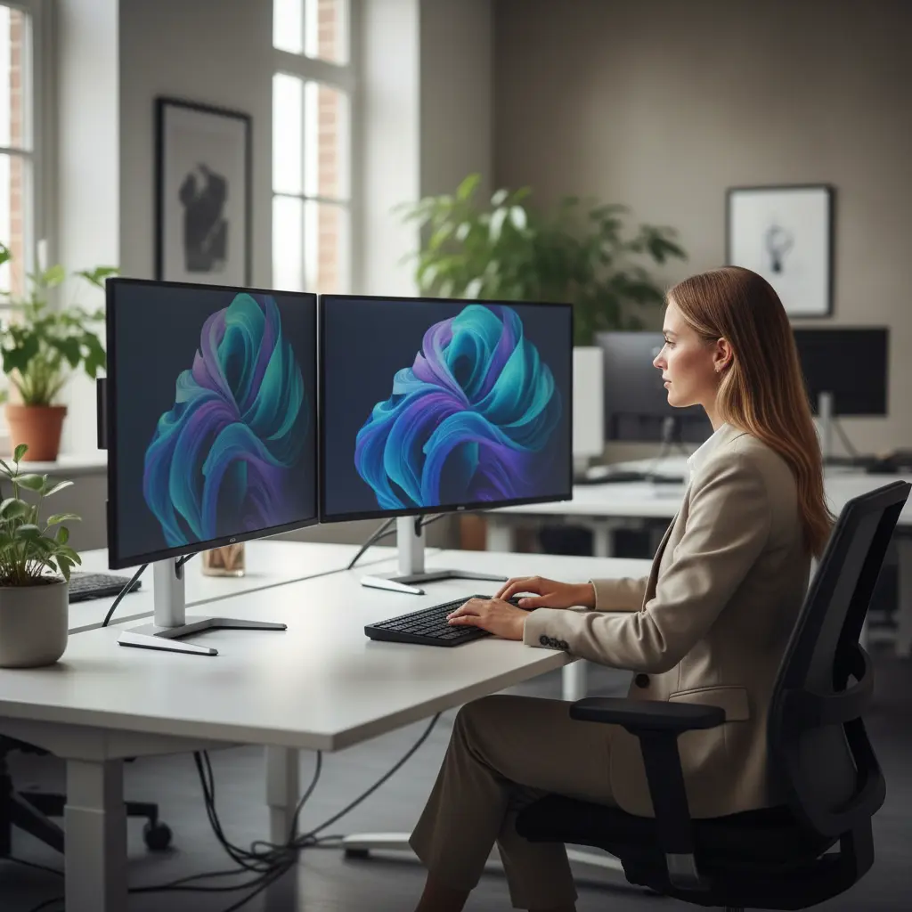 Person working at dual-monitor desk setup in a modern open-plan office, representing side-by-side comparison of AI detection tools