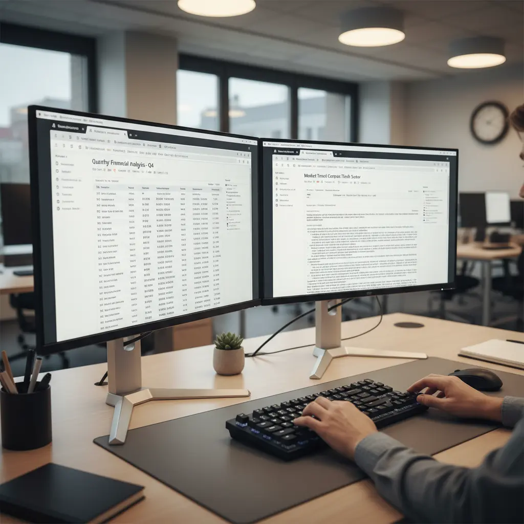 Dual-monitor office setup showing two browser windows side by side for analytical comparison — representing the side-by-side AI detection tool review process