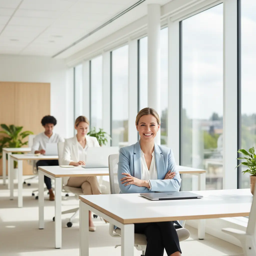 Confident smiling professional woman in a bright modern office, arms crossed, with colleagues working in the background — representing a confident AI detection tool decision