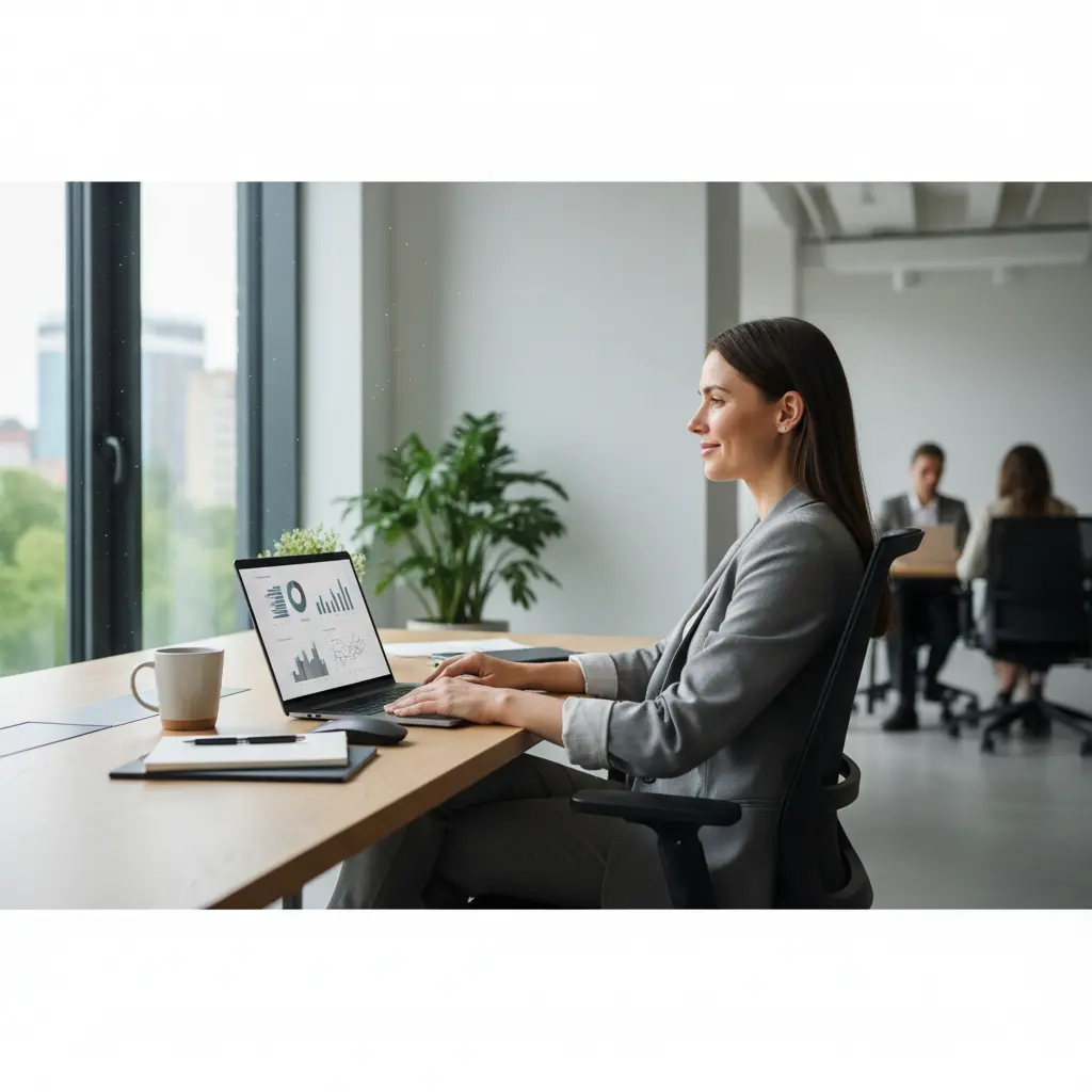 Confident professional woman at a modern office desk, satisfied while reviewing results on her laptop — representing the final decision moment after comparing AI detection tools