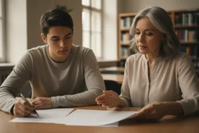 Student and writing coach reviewing blank drafts while discussing QuillBot AI detection results