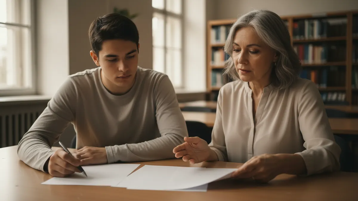 Student and writing coach reviewing blank drafts while discussing QuillBot AI detection results