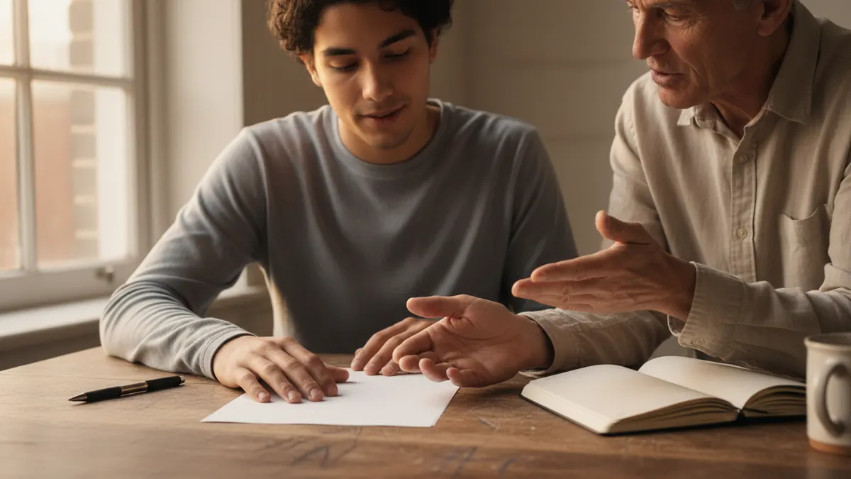 Student revising a blank draft with a mentor after reviewing AI detection risk