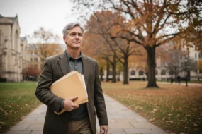 Professor carrying folders across campus for a Sapling AI detector review workflow