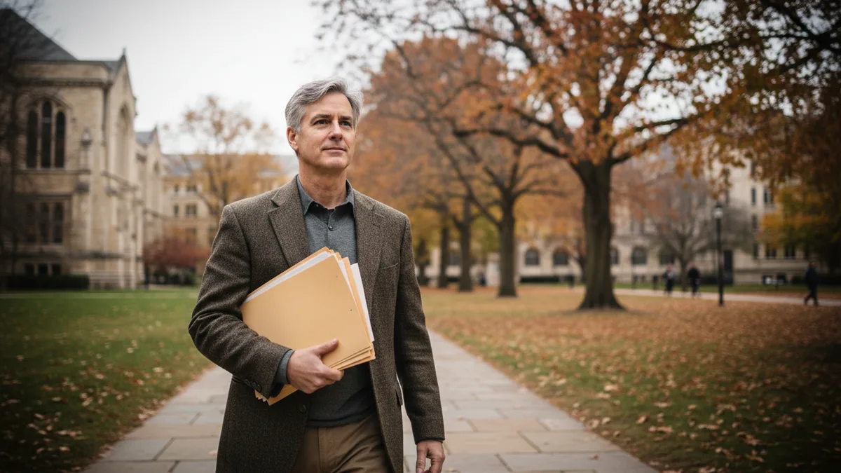 Professor carrying folders across campus for a Sapling AI detector review workflow