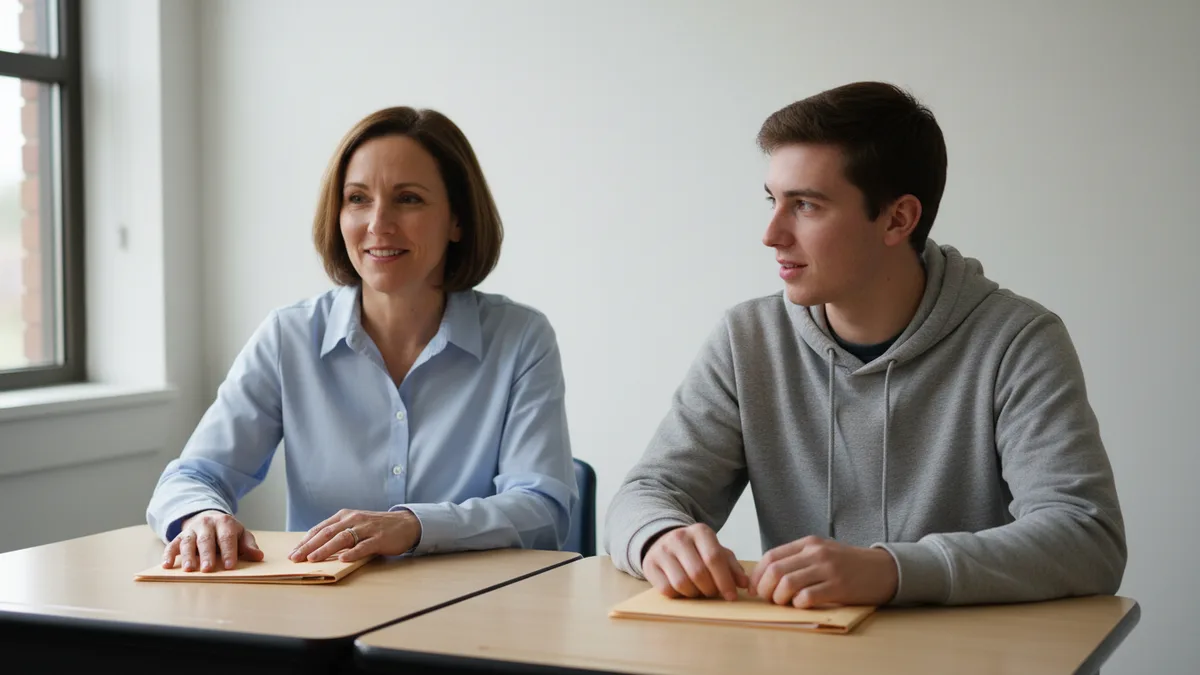 Teacher and student discuss how to spot AI writing in student submissions in a quiet classroom.