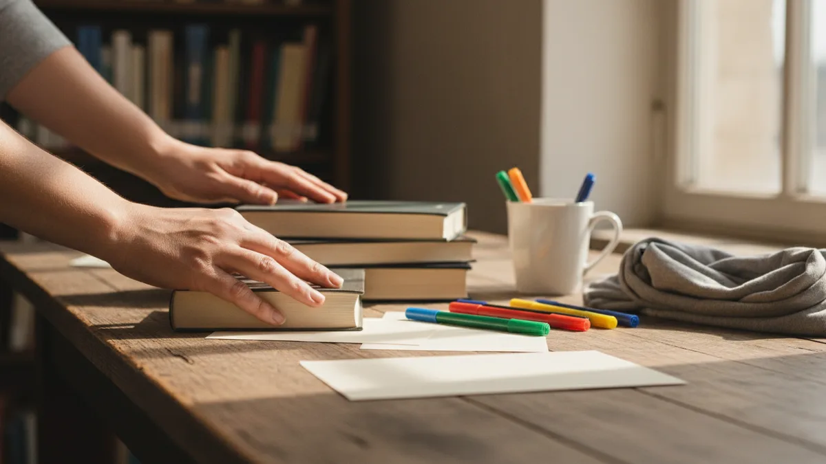 Library books and pens arranged for how to spot AI writing in student submissions.