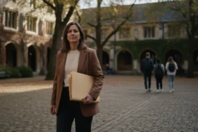 Teacher walks through campus with folders for how to spot AI writing in student submissions.