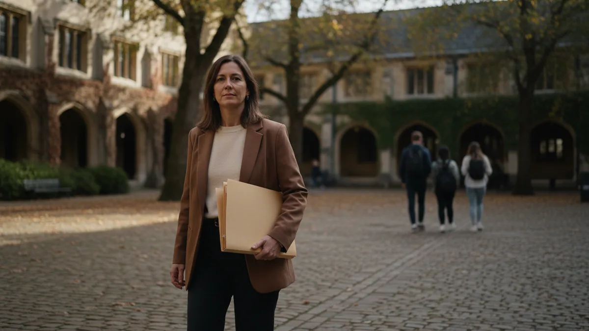 Teacher walks through campus with folders for how to spot AI writing in student submissions.