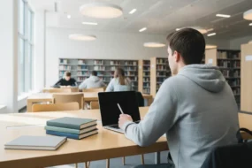 College student working in a bright library with a laptop and closed books.