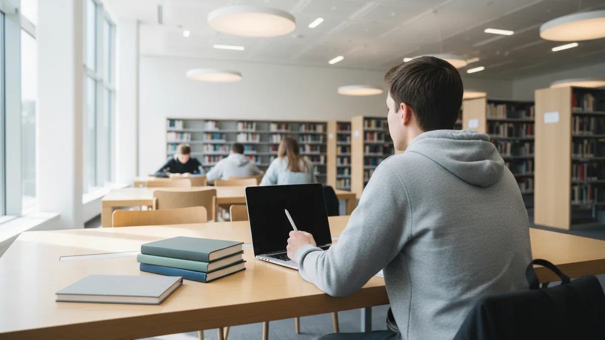 College student working in a bright library with a laptop and closed books.