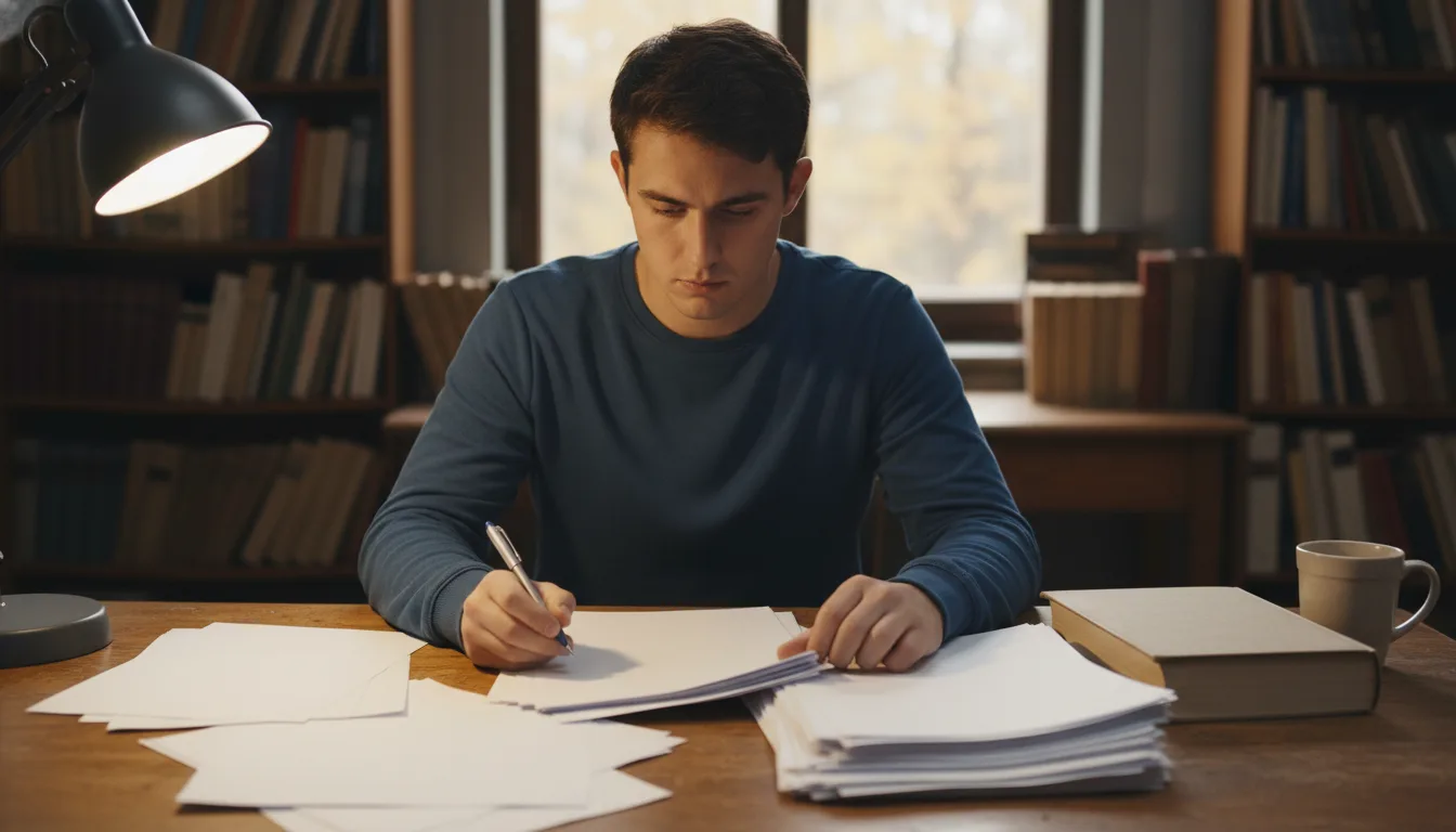 Student preparing blank pages for essay submission under a study lamp in a library-like room.