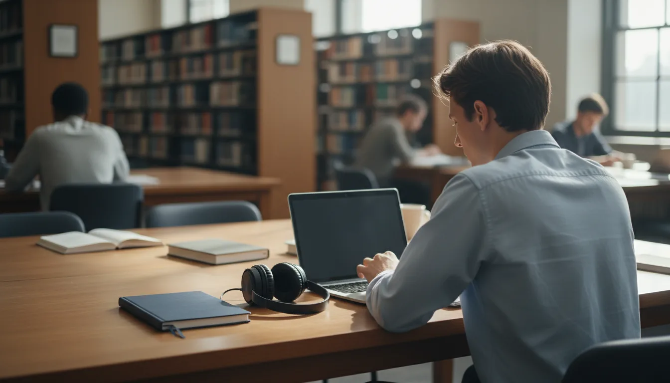 Student researching in a library study area with headphones, notebook, and laptop.