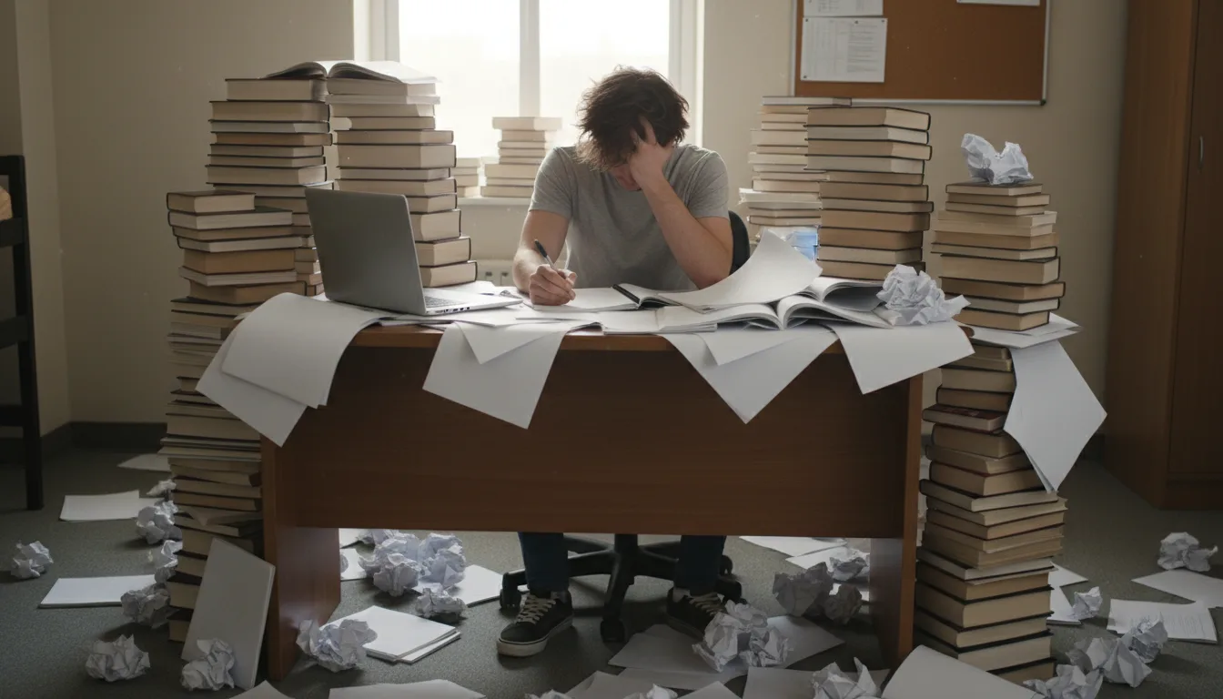 Overwhelmed student surrounded by books and papers while working through assignments.