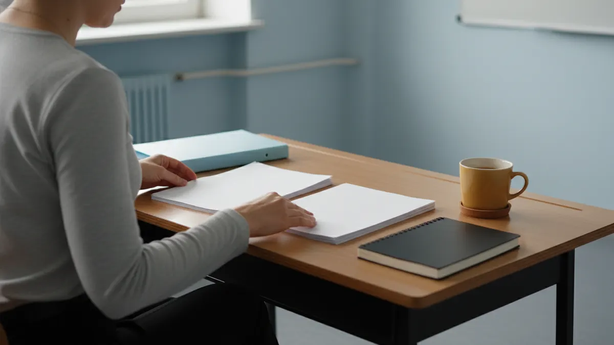 Teacher sorting blank student essays at a classroom desk while checking writing with an AI detector.