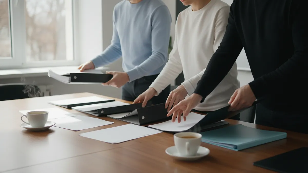 Educators arranging blank papers and folders for an AI detection policy workflow in a staff room.