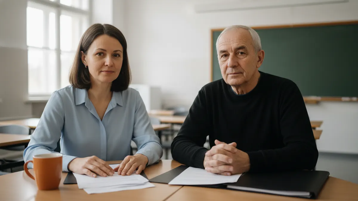 Teacher and student discussing a blank draft during an AI detector review for classroom writing.