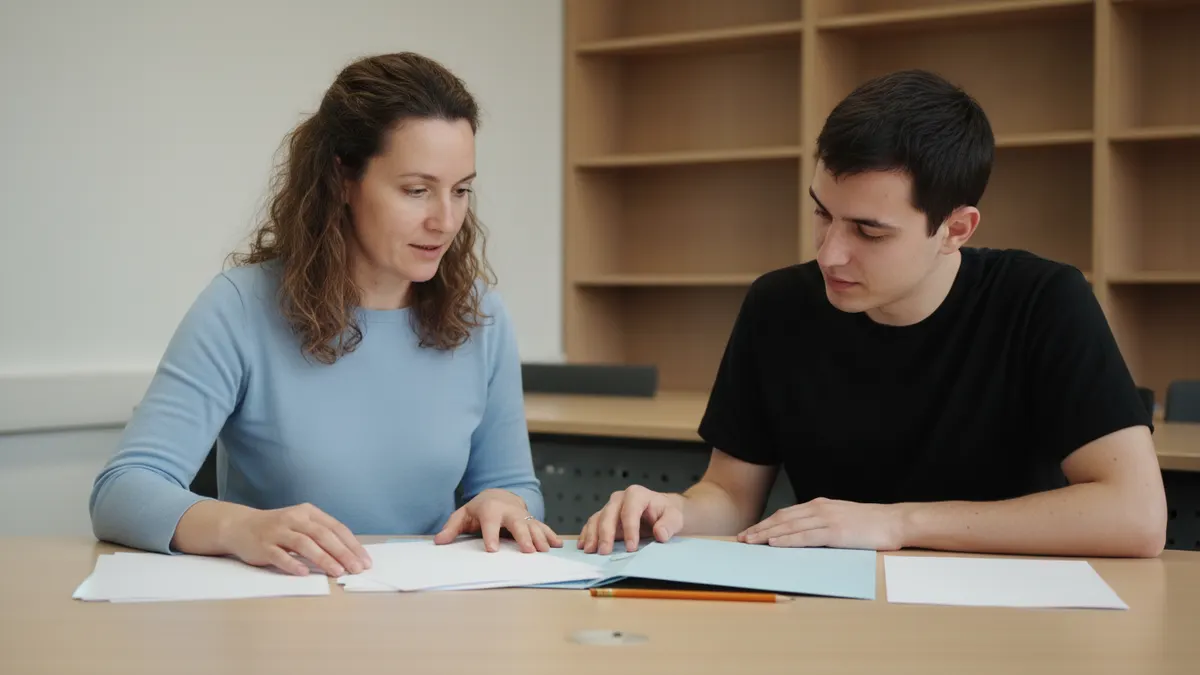 University writing instructor and student reviewing blank paper stacks in an academic office while discussing Turnitin AI detection reliability.