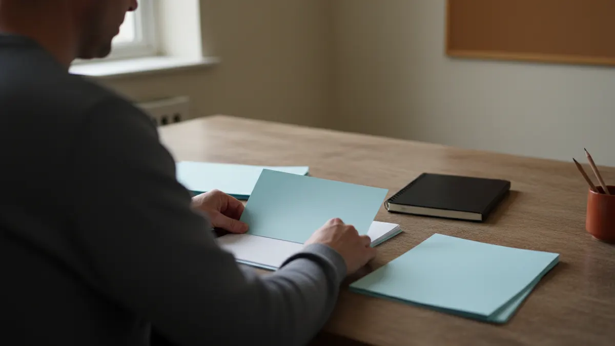Academic reviewer arranging blank paper samples and folders before a final AI detection reliability check.