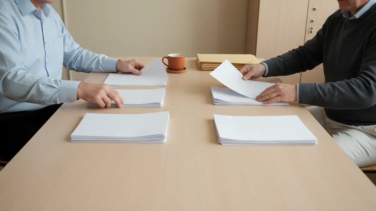 Two instructors sorting blank student submissions on a meeting table as part of a Turnitin AI detection reliability review.