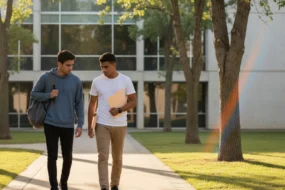 Two college students walk across a campus quad while discussing a pre-submission review plan for Turnitin AI detector alternatives.