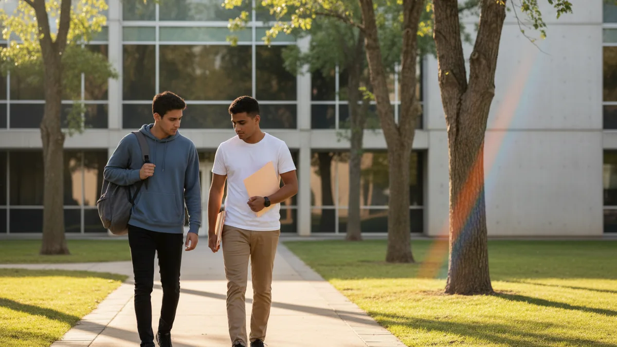 Two college students walk across a campus quad while discussing a pre-submission review plan for Turnitin AI detector alternatives.