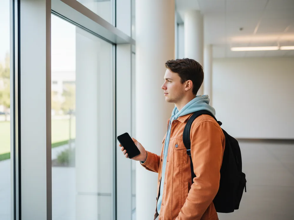 Student by a campus window checks a blank phone for Turnitin AI detector alternatives.
