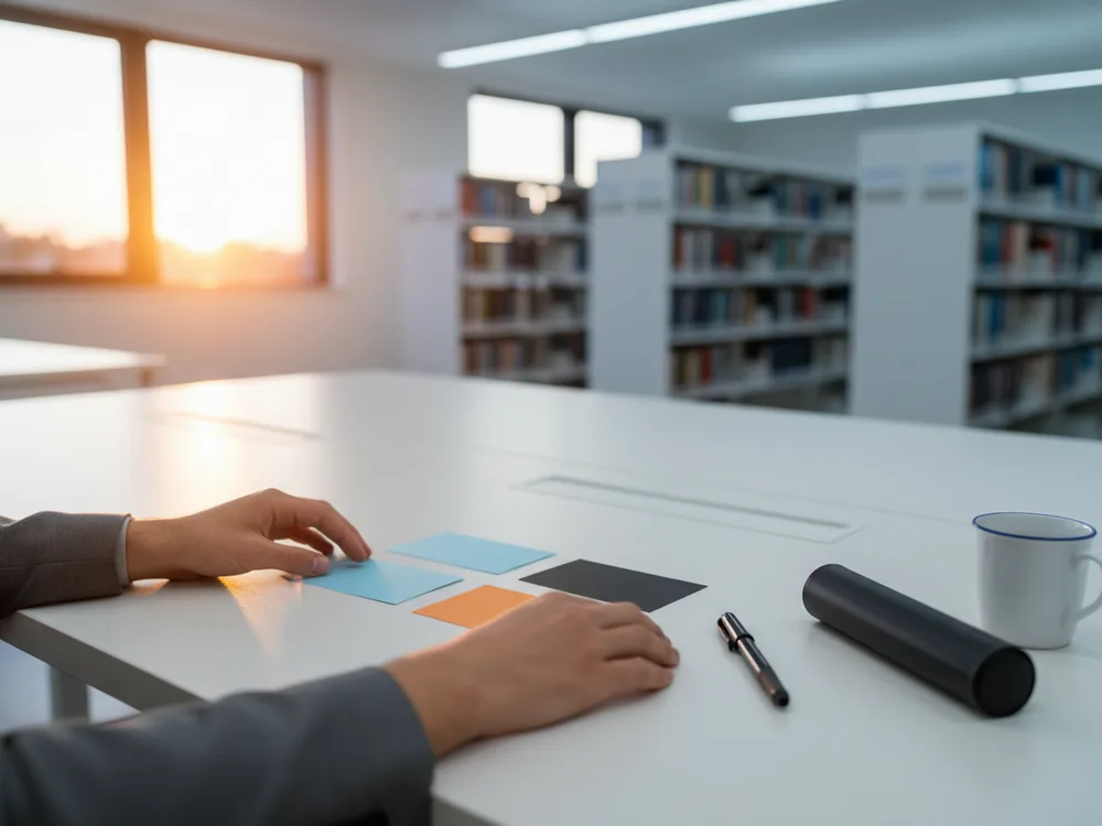 Student arranges blank cards on a study table for Turnitin AI detector alternatives review.