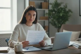 Student at a desk comparing a printed essay with notes to a laptop essay in natural daylight before submission.