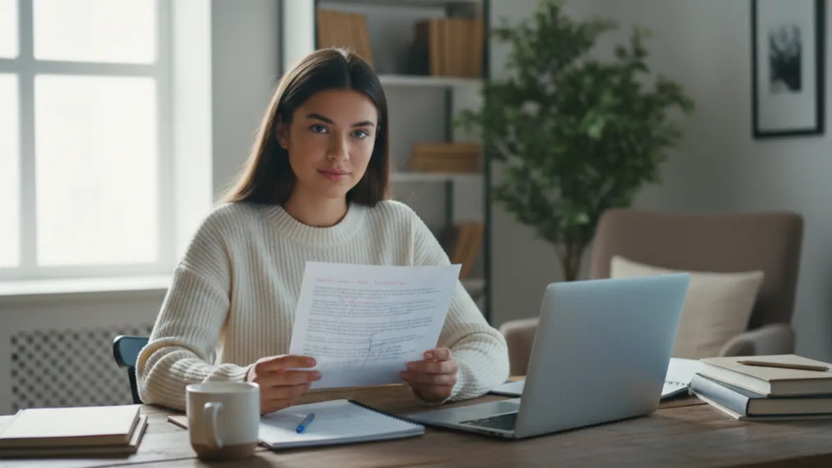 Student at a desk comparing a printed essay with notes to a laptop essay in natural daylight before submission.